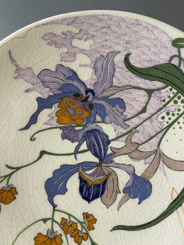 Wandbord Gouds plateel orchideeën NP decor 1917