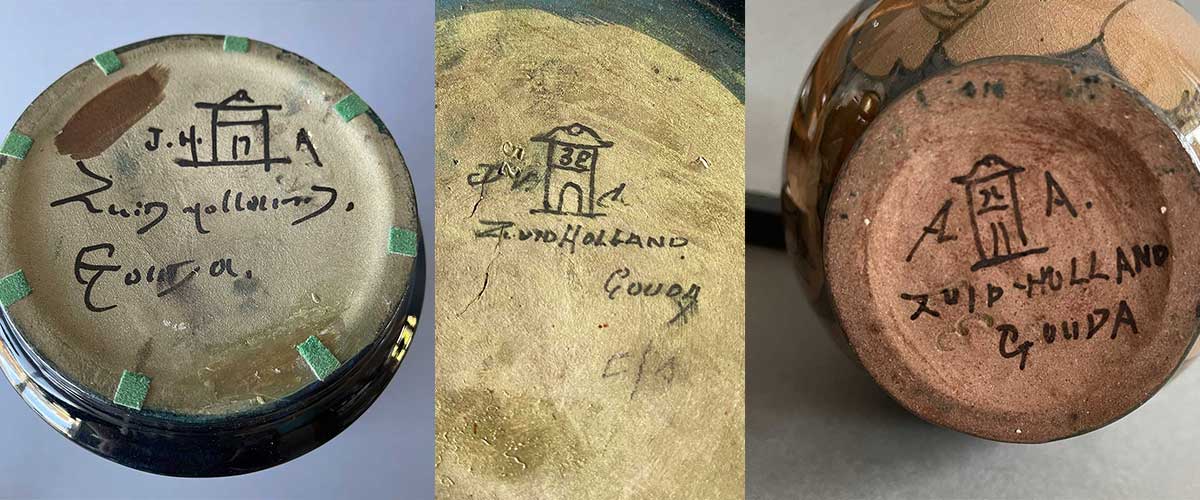Dating antique Gouda Pottery can be done by looking at the marks on the bottom. If the marks contain and extra letter next to the monogram, it is produced between 1898 and 1900.