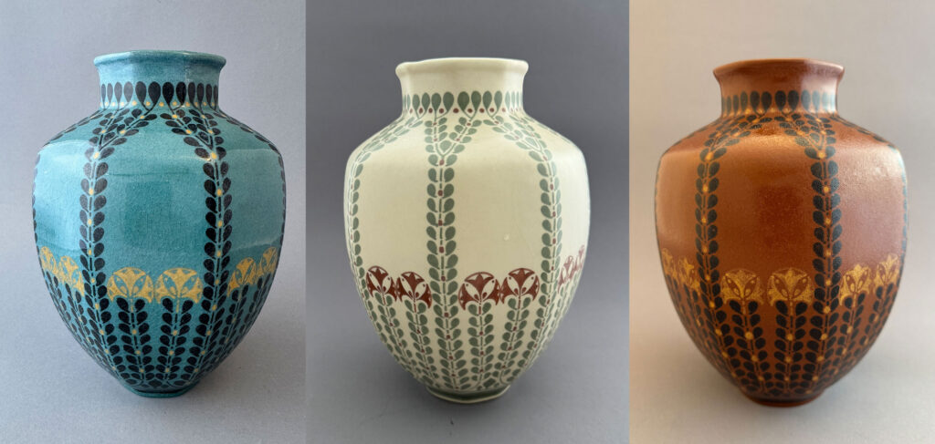 Drie vazen van Distel Amsterdam, allen met model 269, een achtkantig ontwerp met gestilleerde bloemen door Bert Nienhuis. In drie kleurstellingen: Blauw, wit en bruin.